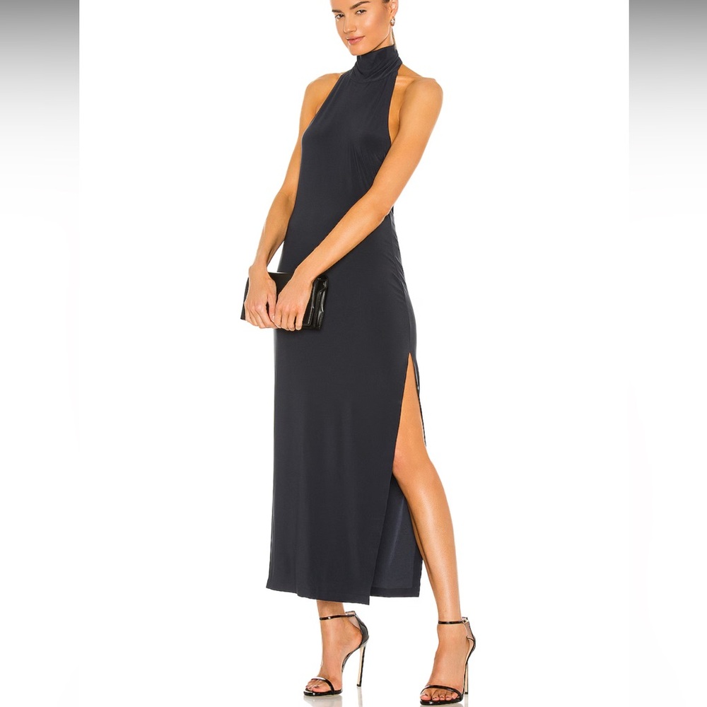 Halter Turtle Side Slit Gown in Pewter
